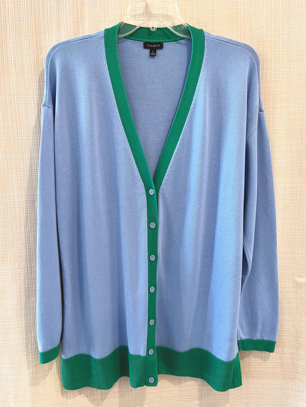 Talbots Blue Cardigan with Kelly Green Trim Preppy Travel SoCal